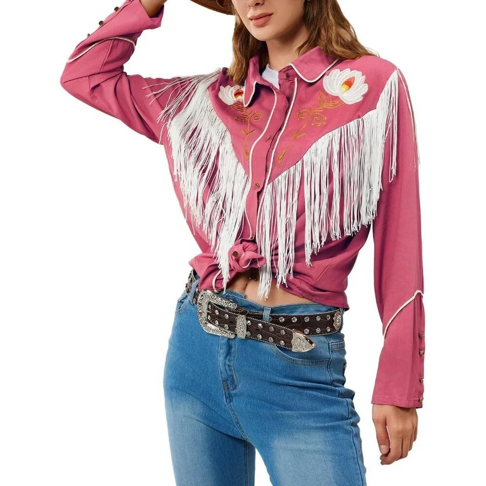 Women's Pink Floral Embroidered Fringe Western Rodeo Button Down Blouse Tops - Picture 3 of 5